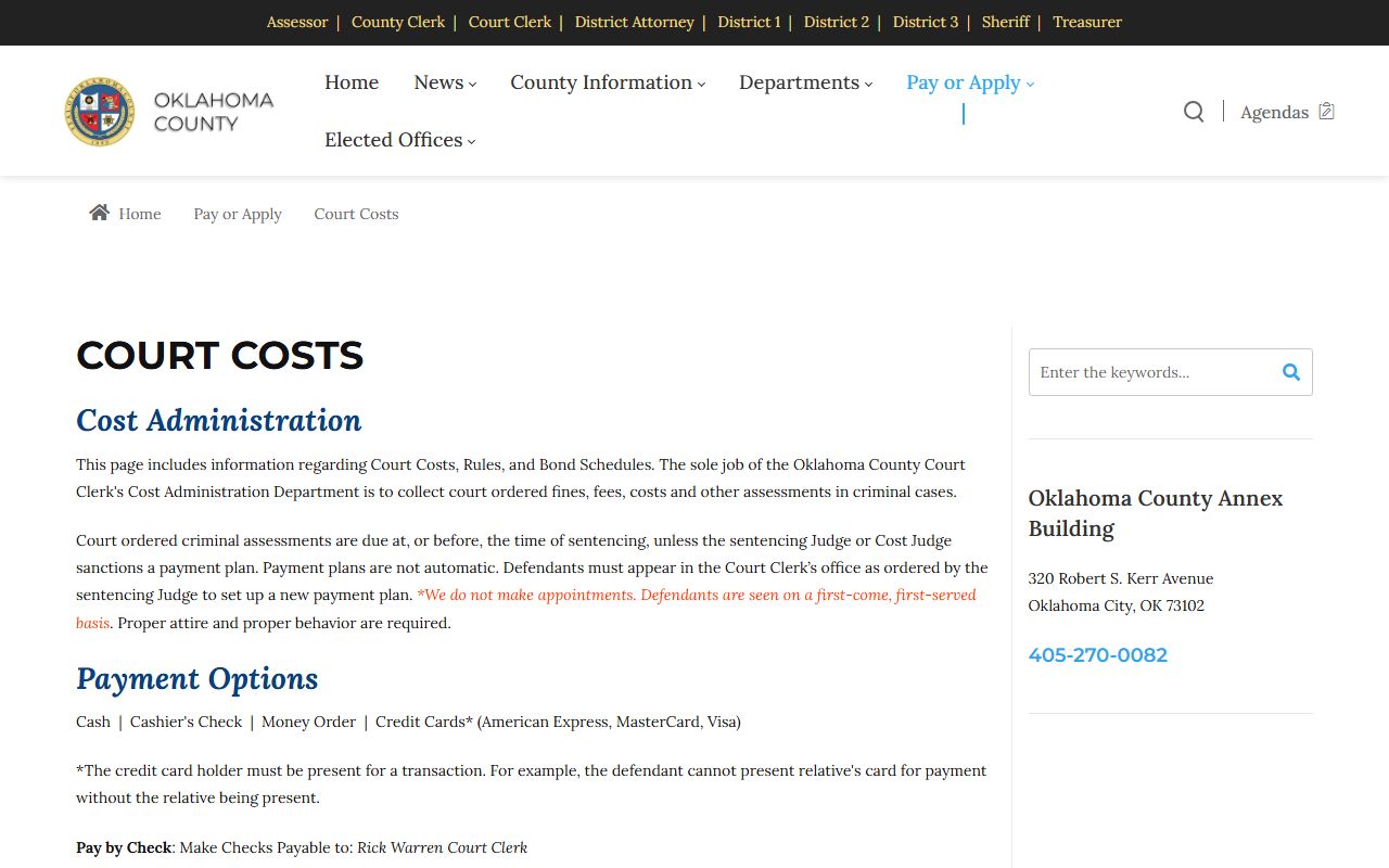 Oklahoma County Court Clerk court costs payment information page
