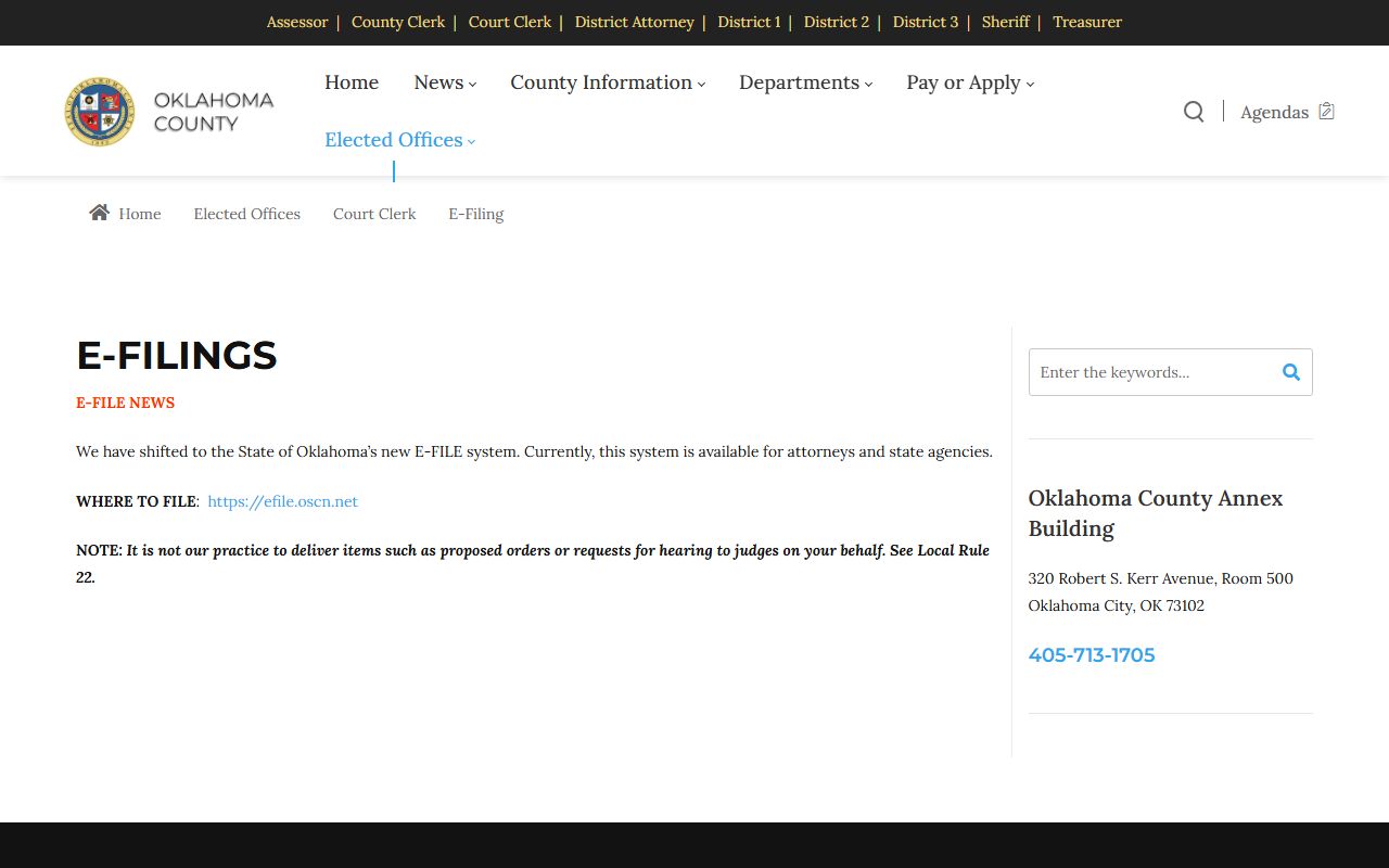Oklahoma County Court Clerk e-filing information page for attorneys
