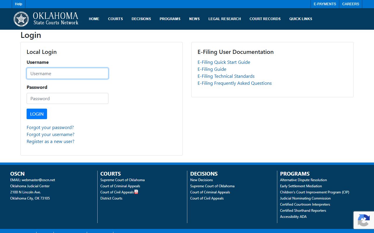 Oklahoma County court dockets and the Oklahoma e-file portal