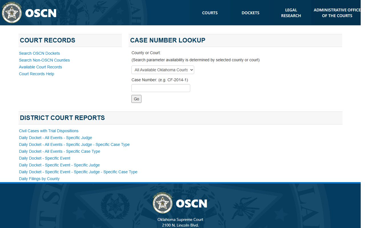Oklahoma County court dockets on the OSCN docket landing page
