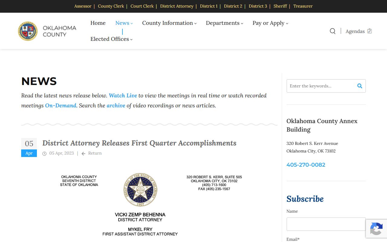 Oklahoma County District Attorney accomplishments page tied to Oklahoma County criminal court records