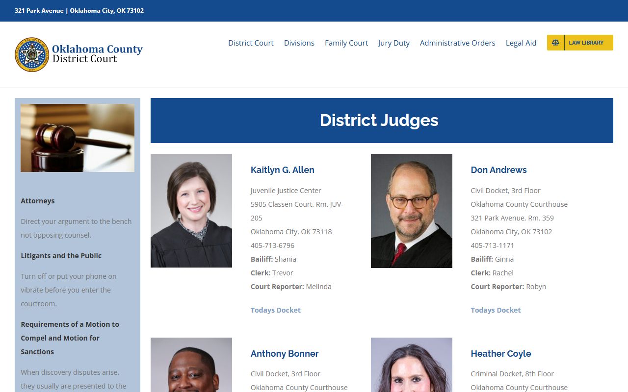 Oklahoma County District Court judges directory listing courtrooms and contacts