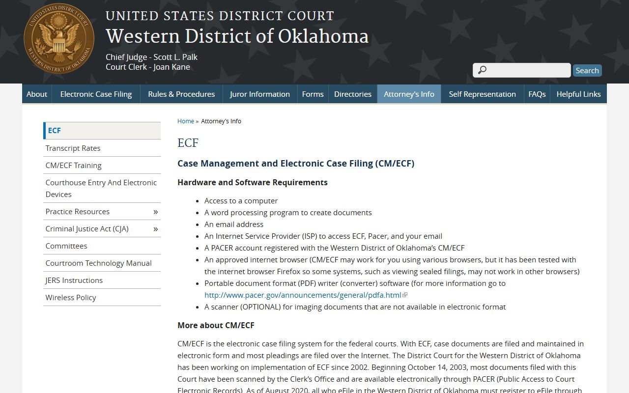 Western District CM/ECF page near the Oklahoma County District Court in Oklahoma City
