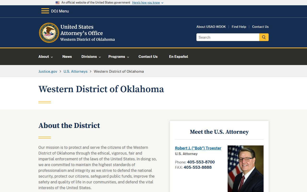 U.S. Attorney Western District of Oklahoma page tied to Oklahoma County federal court records