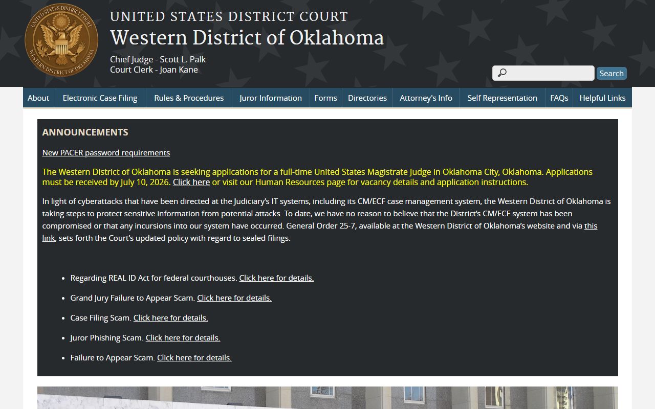 Oklahoma County federal court records on the Western District of Oklahoma site