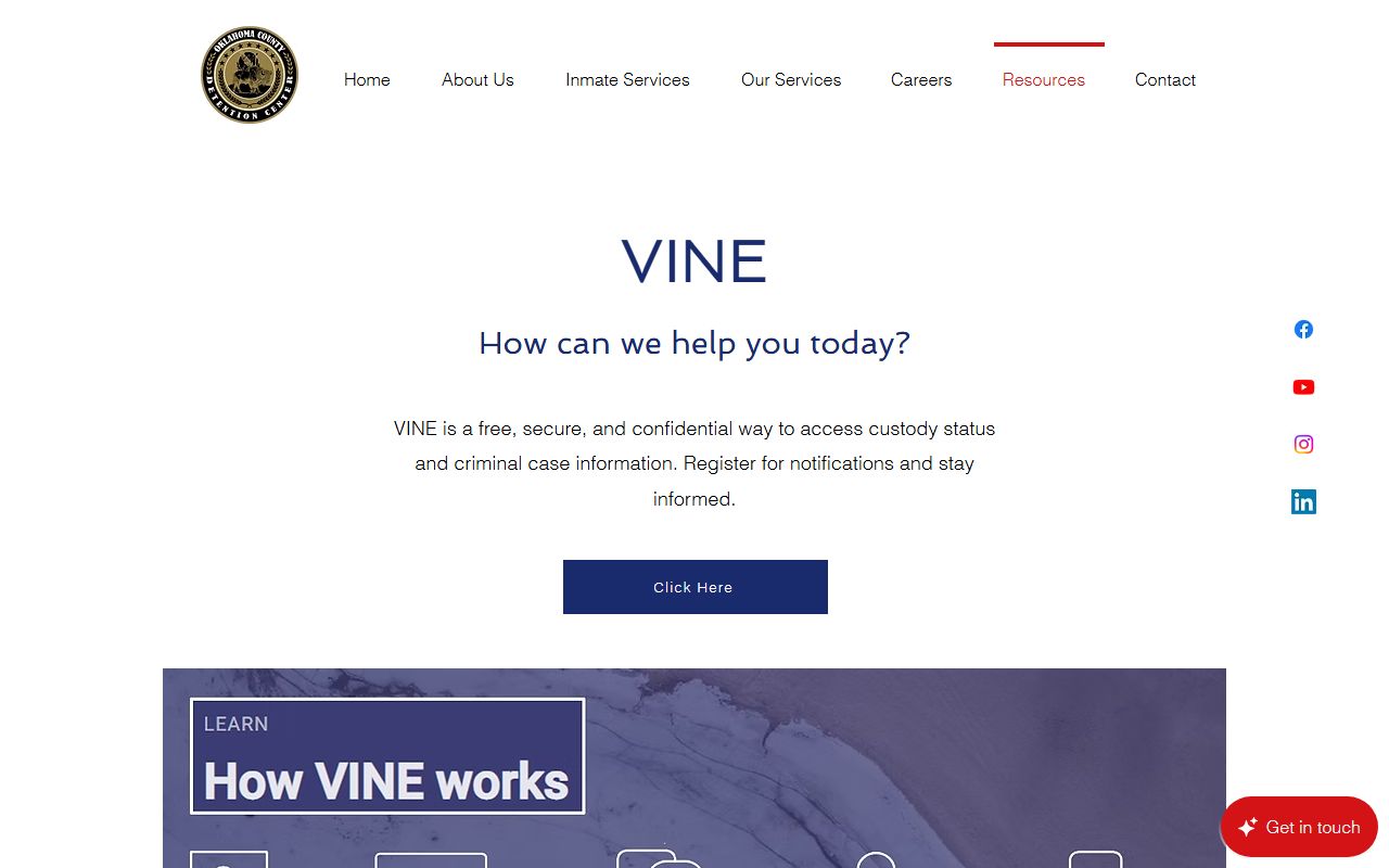 Oklahoma County VINE custody status page for inmate notifications