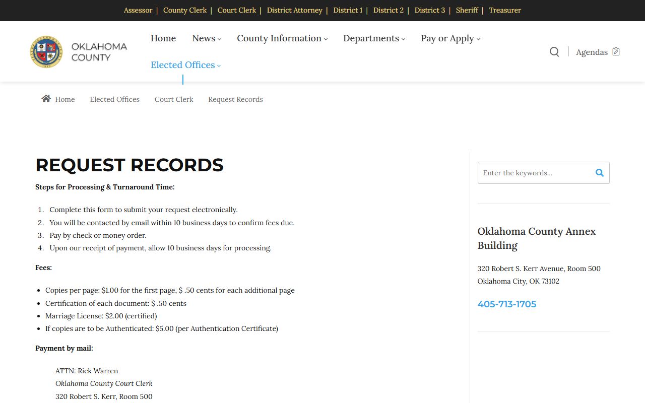 Oklahoma County Court Clerk records request form for marriage and divorce copies