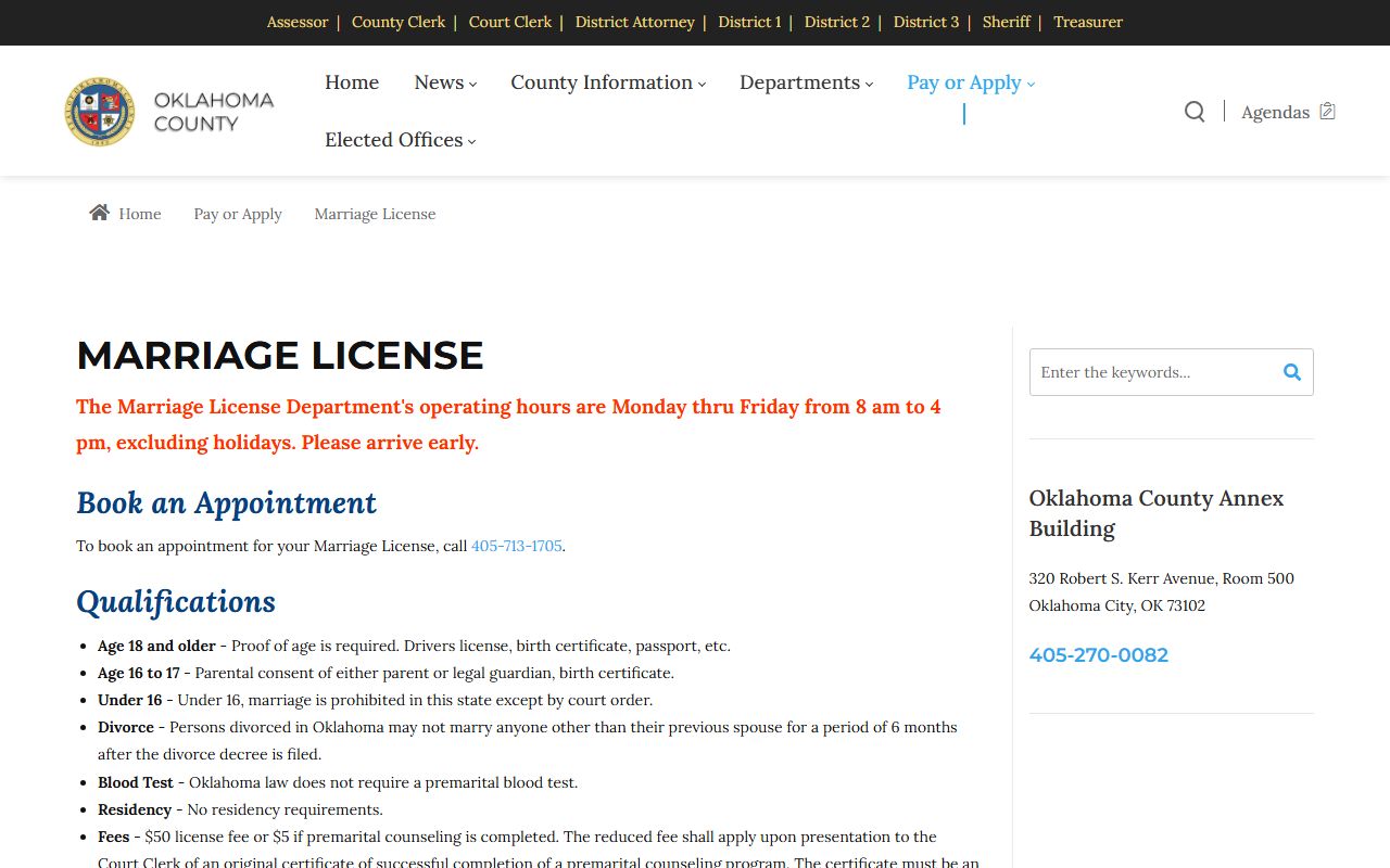 Oklahoma County marriage license application page from the Court Clerk