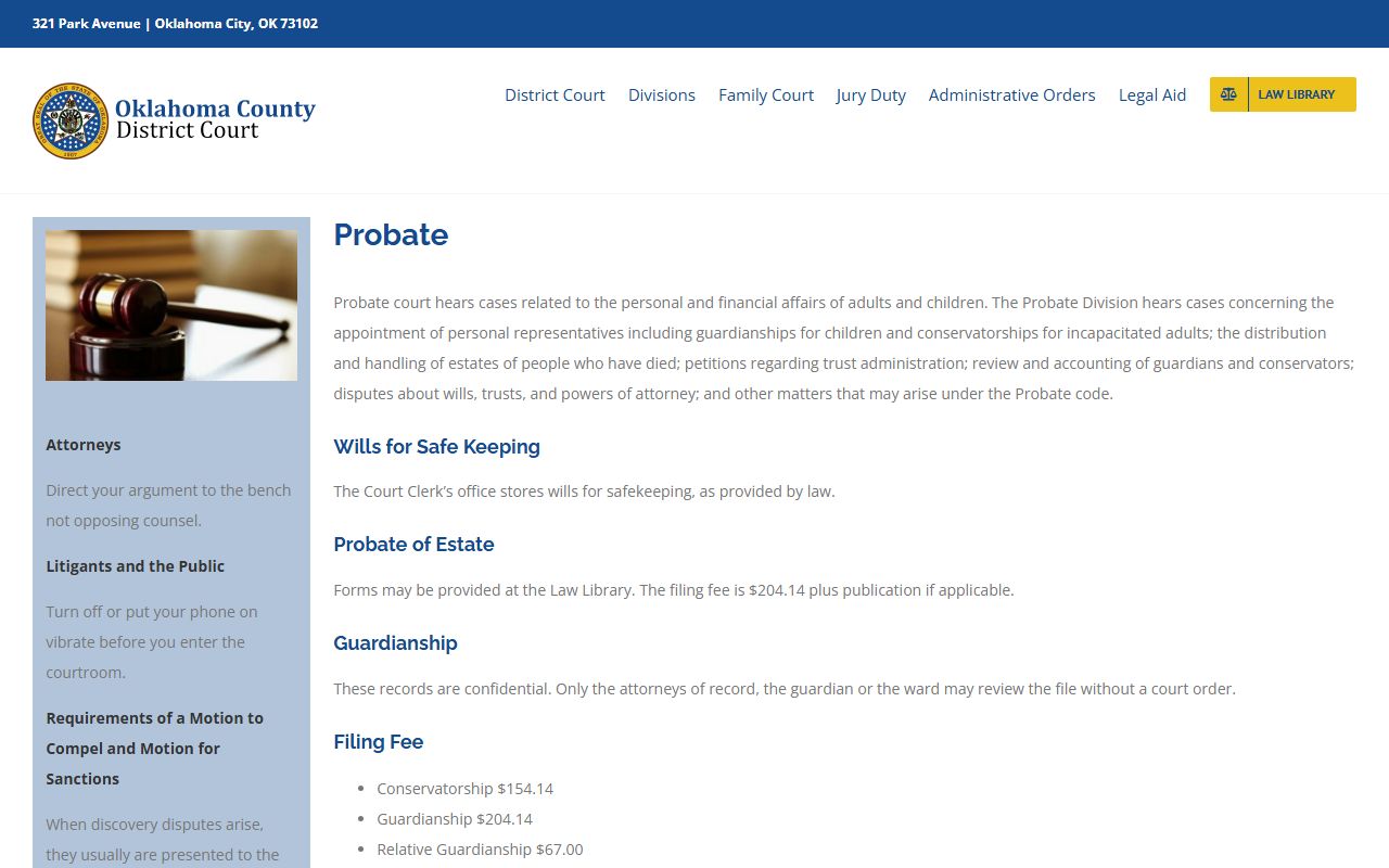 Oklahoma County probate division District Court information page