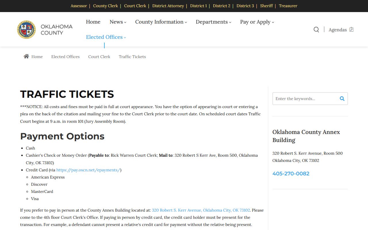 Oklahoma County traffic ticket payment options on the Court Clerk page
