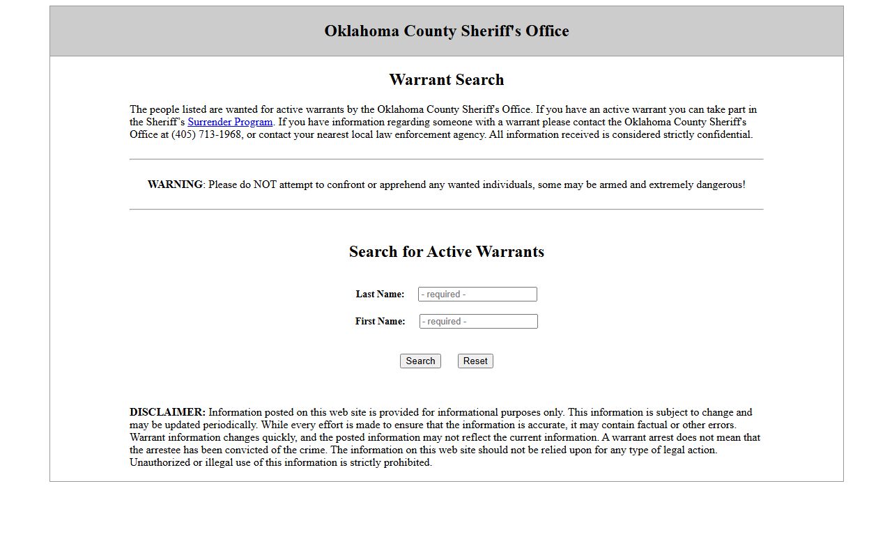 Oklahoma County warrant search on the Sheriff active warrant page